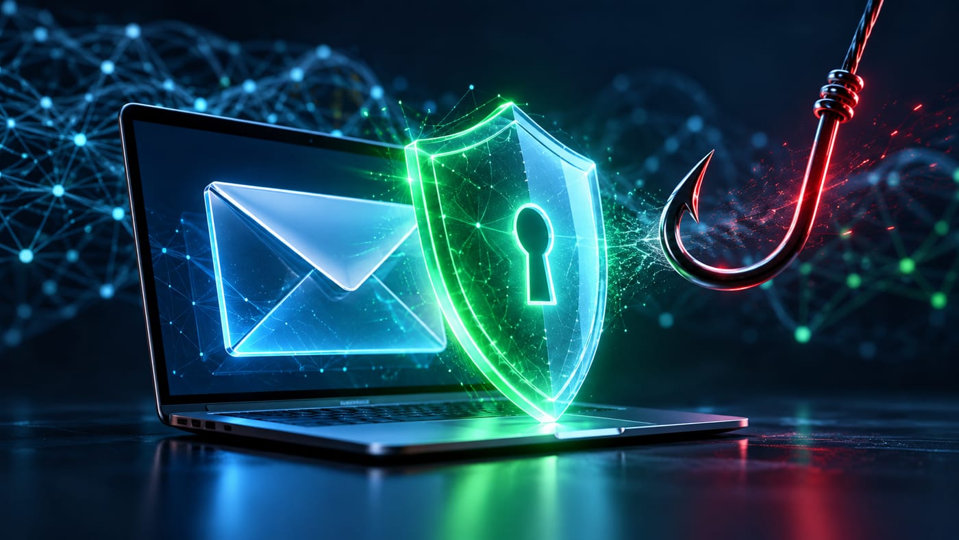 Notebook com envelope digital protegido por escudo diante de um anzol, representando a prevenção de phishing.