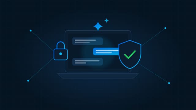 Ilustração de um notebook com balões de conversa de IA, um cadeado e um escudo com sinal de verificação sobre fundo azul-escuro.