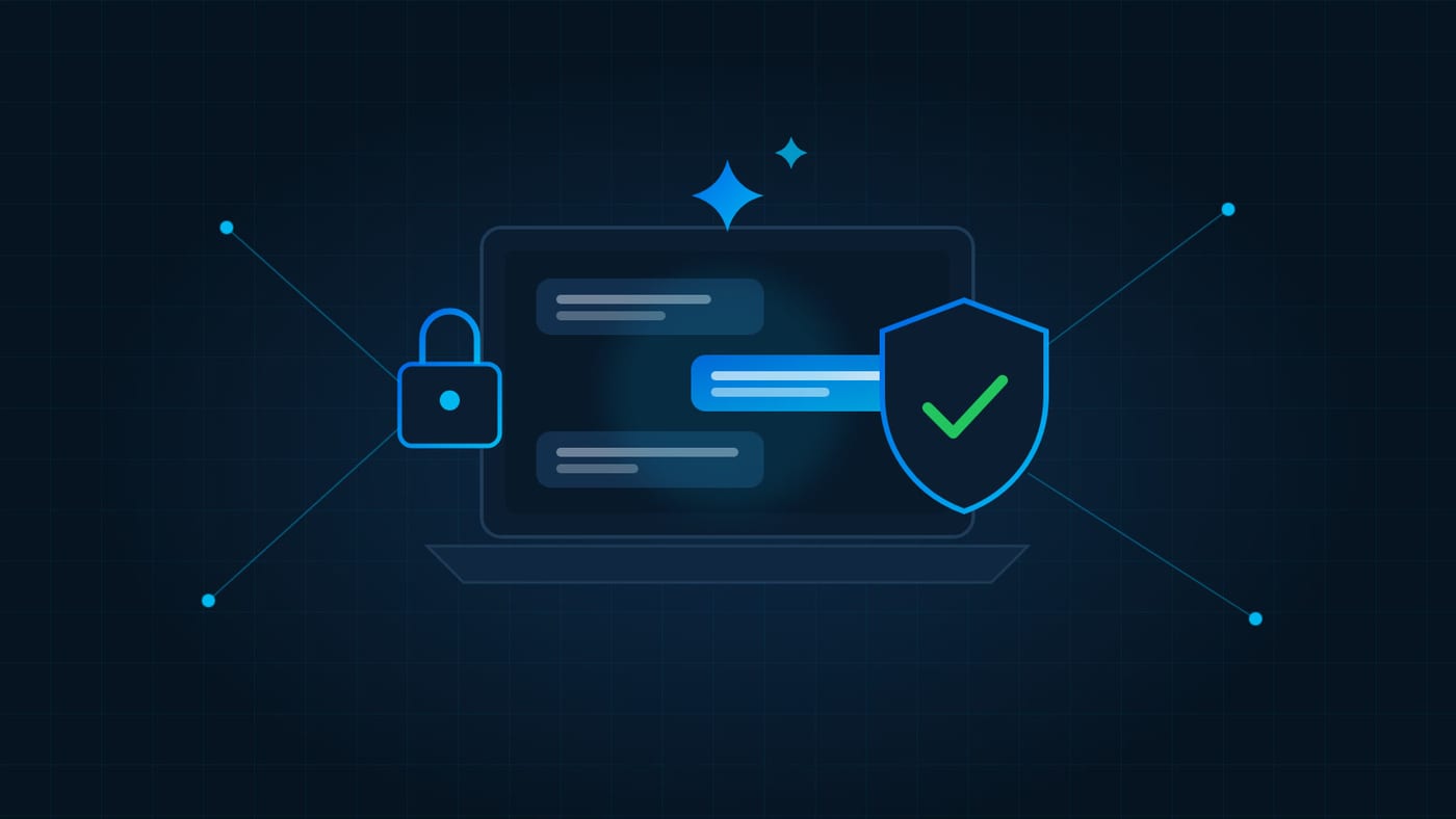 Ilustração de um notebook com balões de conversa de IA, um cadeado e um escudo com sinal de verificação sobre fundo azul-escuro.