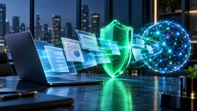 Documentos digitais saindo de um notebook em direção a uma rede de inteligência artificial, com um escudo simbolizando a proteção de dados.