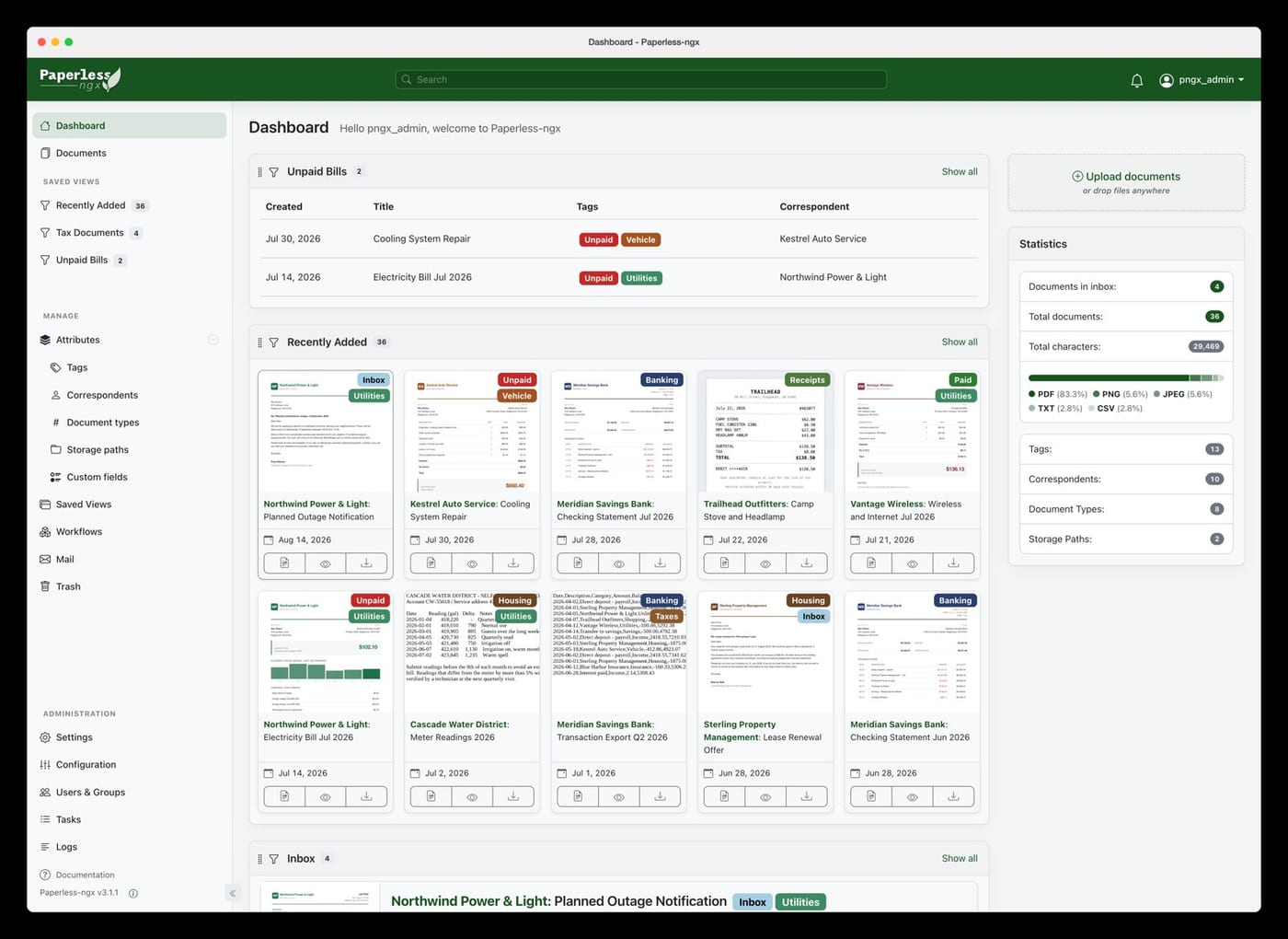 Painel inicial do Paperless-ngx com visualizações salvas e envio de documentos