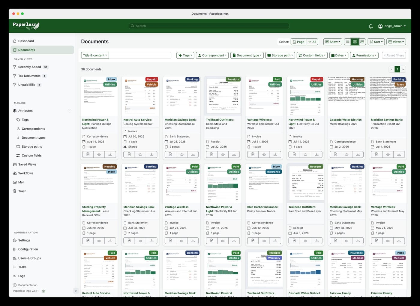 Lista de documentos do Paperless-ngx em cartões, com tags e correspondentes