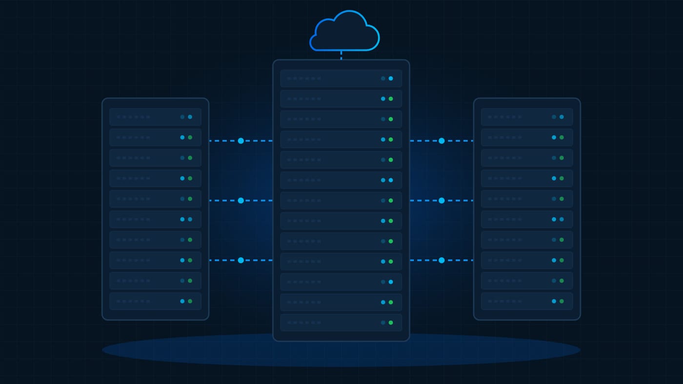 Ilustração de três racks de servidores ligados por linhas de rede tracejadas a uma nuvem azul, sobre fundo azul-escuro.