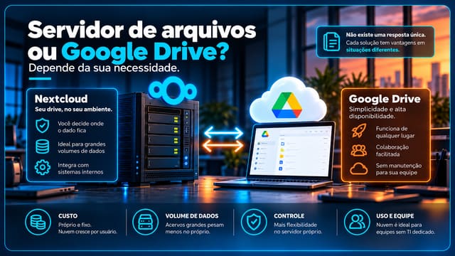 Imagem comparativa entre Nextcloud e Google Drive. À esquerda, um servidor representa o Nextcloud, destacando controle sobre os dados, grande capacidade de armazenamento e integração com sistemas inte
