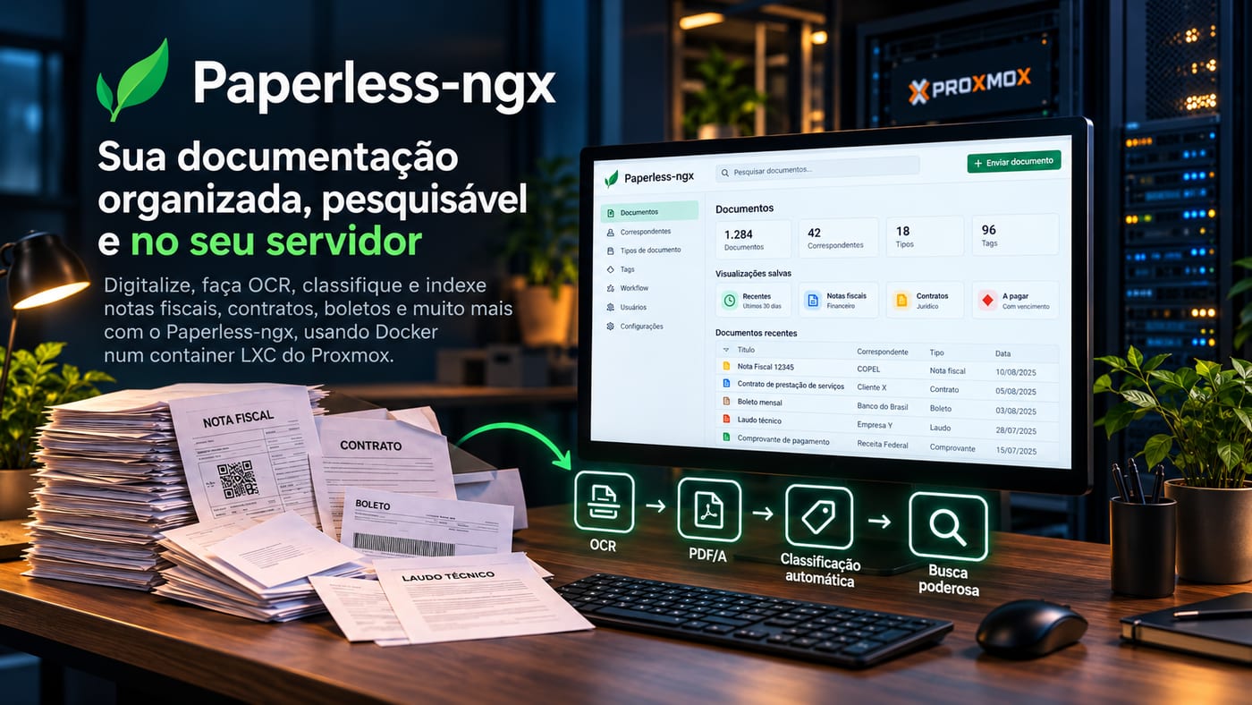 Ilustração com o título Paperless-ngx: seus documentos sem papel e um trecho do docker-compose com PostgreSQL e Tika