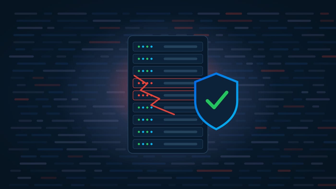 Ilustração de um rack de servidores com dois módulos em alerta vermelho e um escudo com sinal de verificado ao lado