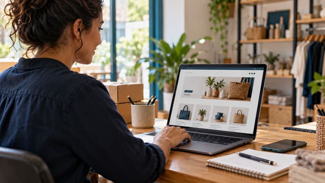 Notebook com site catálogo em uma mesa de trabalho de uma pequena empresa