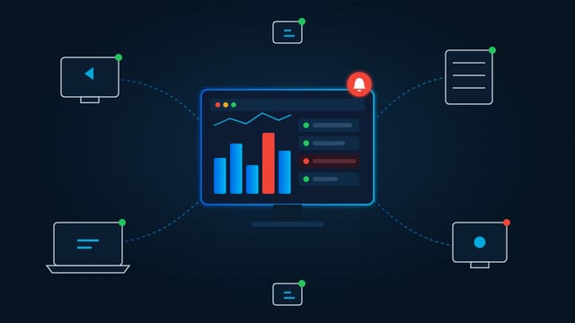 Ilustração de um painel de monitoramento no centro, ligado a computadores, notebook e servidor, com um alerta vermelho em destaque.