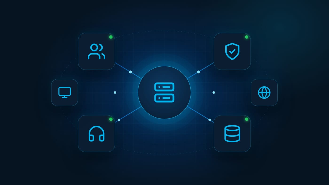Ilustração de um servidor no centro, ligado a ícones de usuários, firewall, suporte, backup, computador e internet, com indicadores verdes.