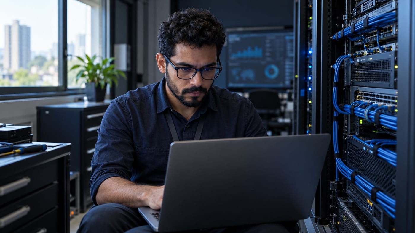 Analista de TI revisa um notebook ao lado de um rack de servidores em um escritório.